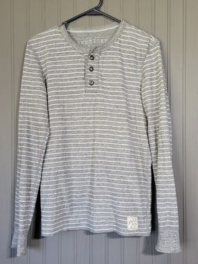 American Eagle Long Sleeve Henley Shirt Vintage Fit Striped White Gray Men's XS